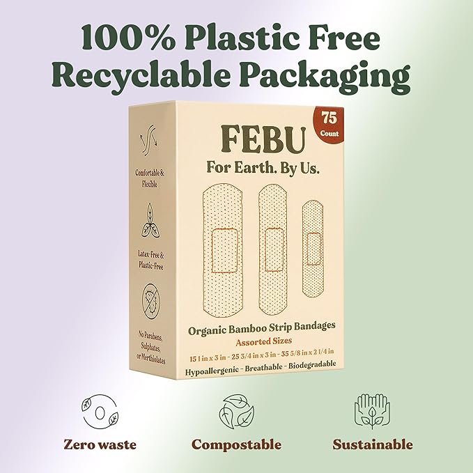 6 FEBU Eco-Friendly Organic Bamboo Fabric Bandages | PFAS Free Flexible Fabric Bandages | Latex Free Bandages | Natural Hypoallergenic Bandages for Scrapes, Cuts & First Aid | 75 Count Pack
