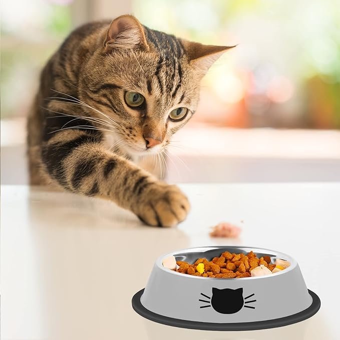 4 Serentive 2Pcs Cat Bowls Non-Slip Stainless Steel Small Cat Food Bowls Unbreakable Thicken Cat Feeder 7 Oz Cat Dishes Suitable for Indoor Small Pets Removable Rubber Base Easily Clean Lovely Color