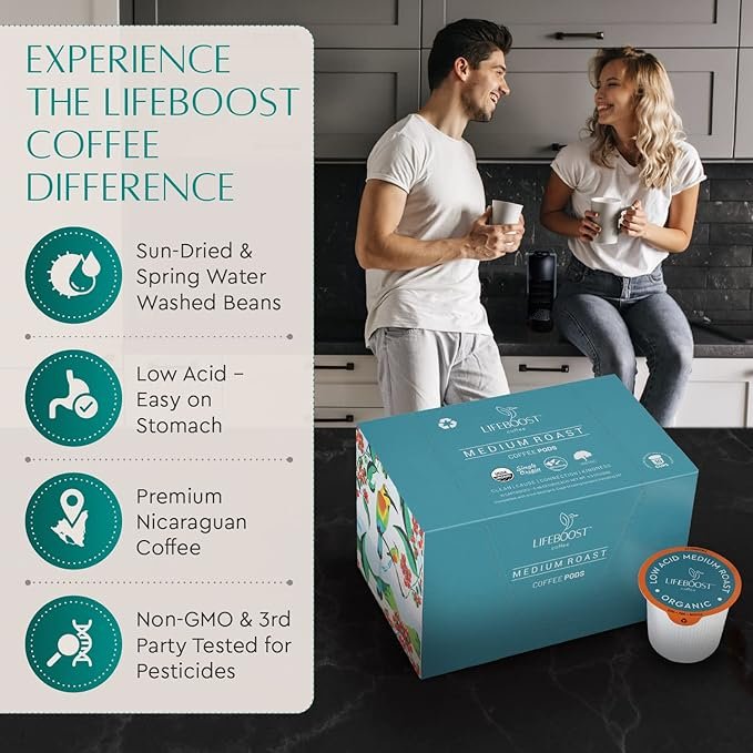 1 Lifeboost Medium Roast Low Acid Coffee K Cups - Single Origin Mold Free Non-GMO Organic Coffee Pods - Compatible with Keurig & Keurig 2 Machines - 10 Count