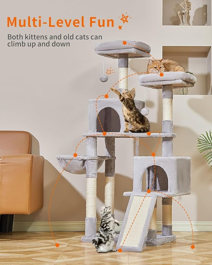 1 56.3-Inch Cat Tree, Cat Tower with Scratching Posts, Cat Tree House for Indoor Cats with hammocks, Toys, Condo and Large Scratch Board, Light Gray MS012W
