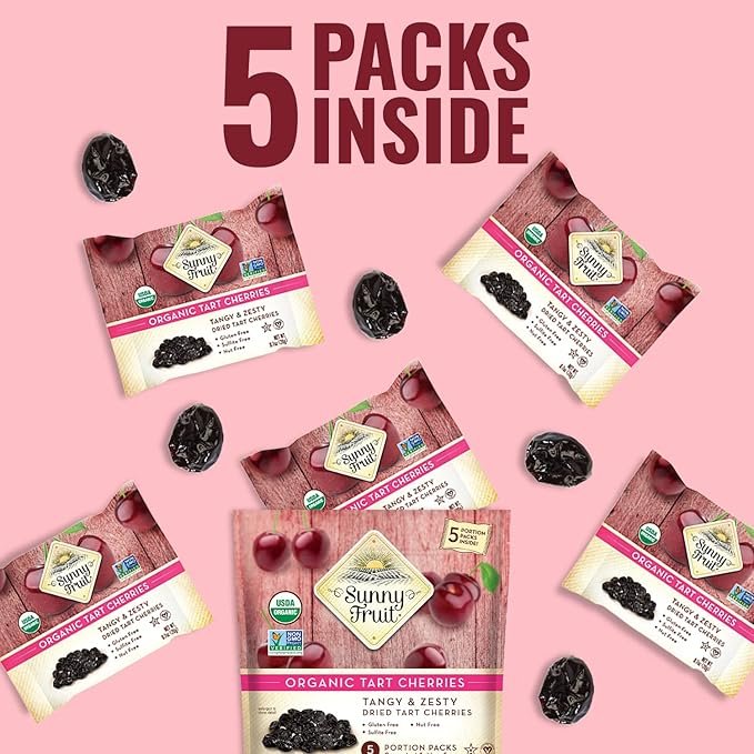 5 Sunny Fruit Soft Organic Dried Tart Cherries - 1 Bag (5 Individual Portion Packs) | Healthy, Convenient Snack Packs | ORGANIC, NON-GMO, VEGAN, HALAL, KOSHER, NO PRESERVATIVES