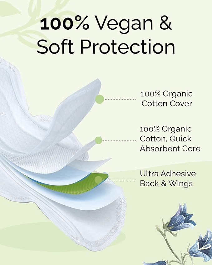 1 Premium Vegan Organic Sanitary Pads (Regular, 25cm, 32 Counts) - 100% Organic Cotton Cover, Core & Wings for Women. Unscented, Hypoallergenic, Ultra-Thin, Maximum Absorbency.