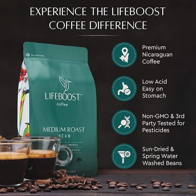 5 Lifeboost Coffee 3 Pack Medium Roast Whole Bean Coffee - Low Acid Single Origin USDA Organic Coffee - Non-GMO Whole Beans Coffee Third Party Tested For Mycotoxins & Pesticides - 12 Ounces