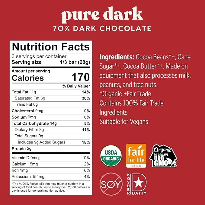 1 Theo Chocolate Pure Organic Dark Chocolate Bar, 70% Cacao, 6 Pack | Vegan, Fair Trade