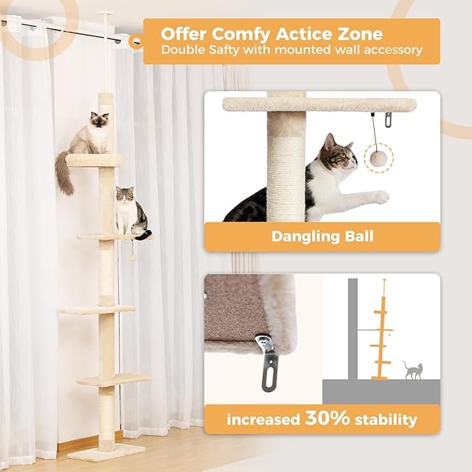3 PETEPELA Cat Tower 5-Tier Floor to Ceiling Cat Tree Height(95-107 Inches) Adjustable, Tall, Climbing Tree Featuring with Scratching Post, Cozy Bed,Interactive Ball Toy for Indoor Cats/Kitten Beige
