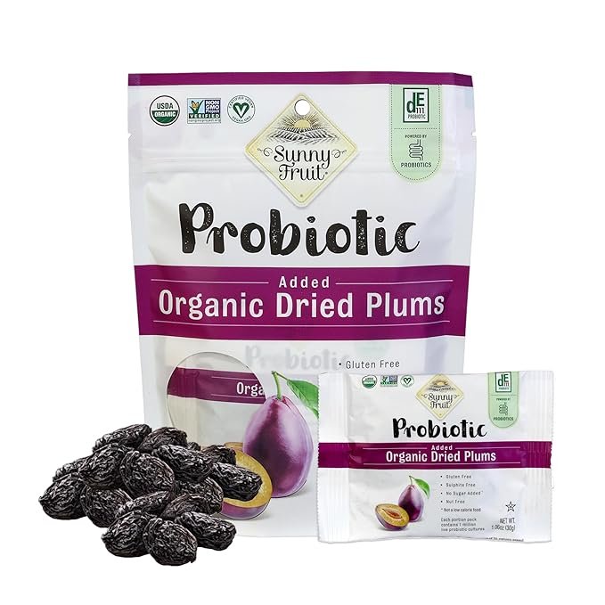 2 Sunny Fruit Organic Probiotic Prunes - 6 Bags (30 Individual Portion Packs) | Dried Plums Snack Packs with Live Probiotics | ORGANIC, NON-GMO, VEGAN, KOSHER, HALAL, NO PRESERVATIVES, NO SUGAR ADDED