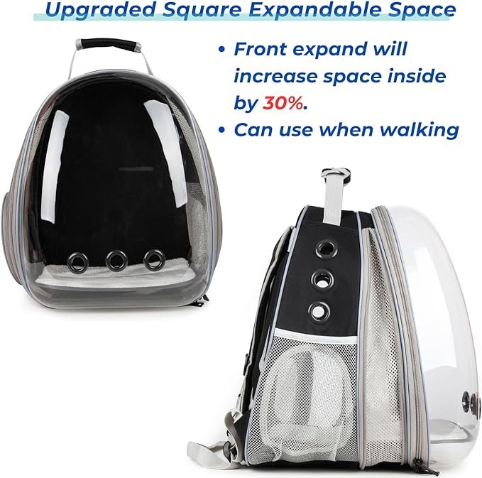 1 Lollimeow Bubble Expandable Cat Backpack Pet Travel Carrier for Cats and Dogs(Black-Front Expandable)