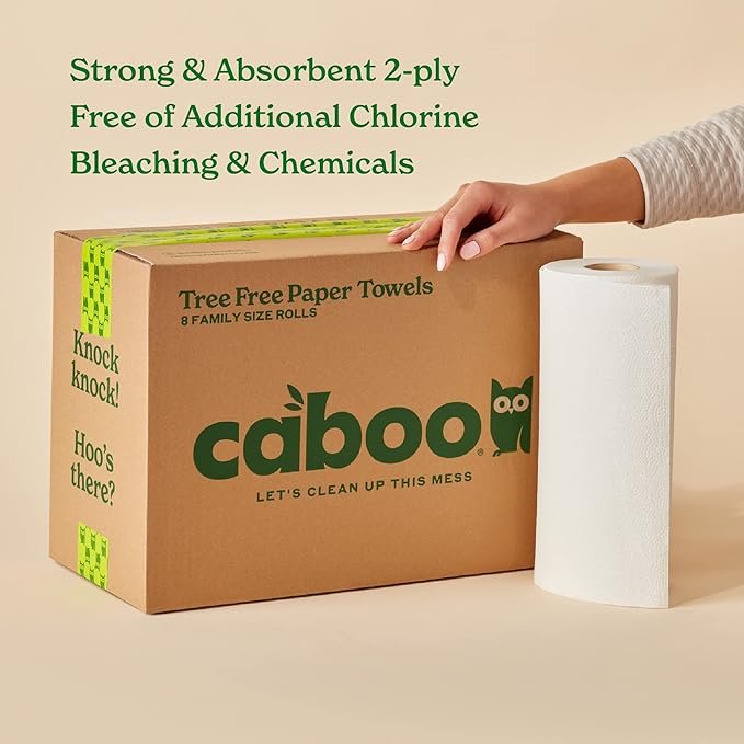 2 Caboo Sustainable Bamboo Paper Towels, 6 Rolls, Earth-Friendly Kitchen Paper Towels made from Tree-Free Bamboo Fiber with Durable 2-Ply Sheets