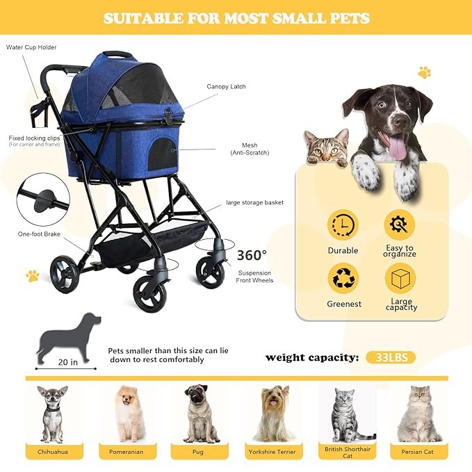 1 HOVNIA 3 in 1 Dog Stroller, Lightweight Foldable Pet Stroller, 4 Wheels Dog Cat Stroller with Removable Travel Carrier, No-Zip Canopy, Cup Holder, Large Storage Basket for Small Pet - Blue