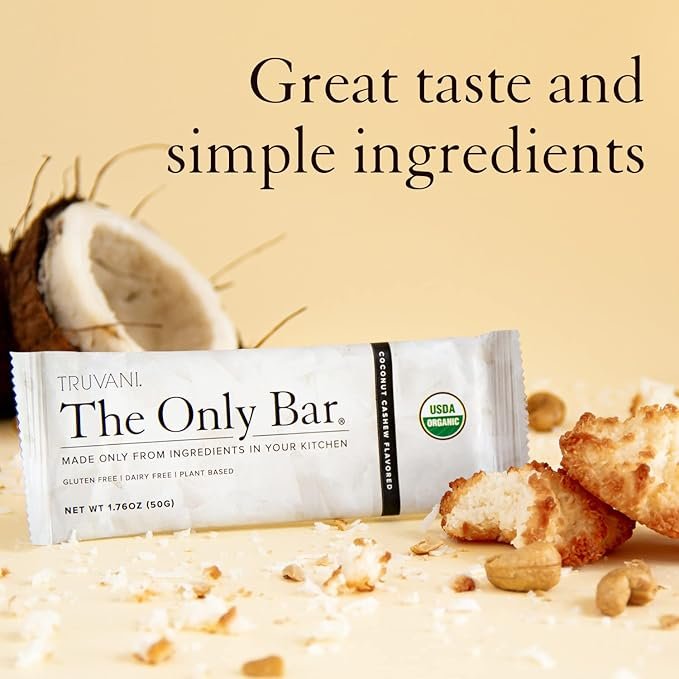 4 Truvani Plant Based Snack Bars | 5g Protein | 12 Pack Coconut Cashew | Organic | Vegan | The Only Bar | Dairy, Soy, and Gluten Free | Individually Wrapped