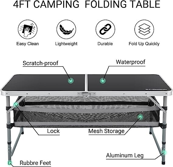 2 FOLDANO Camping Table, 4 FT Height Adjustable Lightweight Desk Table with Portable Handle, Aluminum Camp Table with Mesh Storage for Outdoor Picnic BBQ Backyard Beach, Black