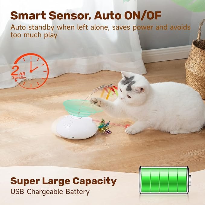 4 Potaroma Electric Running Cat Laser Toys Interactive, Fluttering Butterfly, 4in1 Automatic Rechargeable Kitten Toy, Colored Feather, Indoor Exercise Cat Kicker, White
