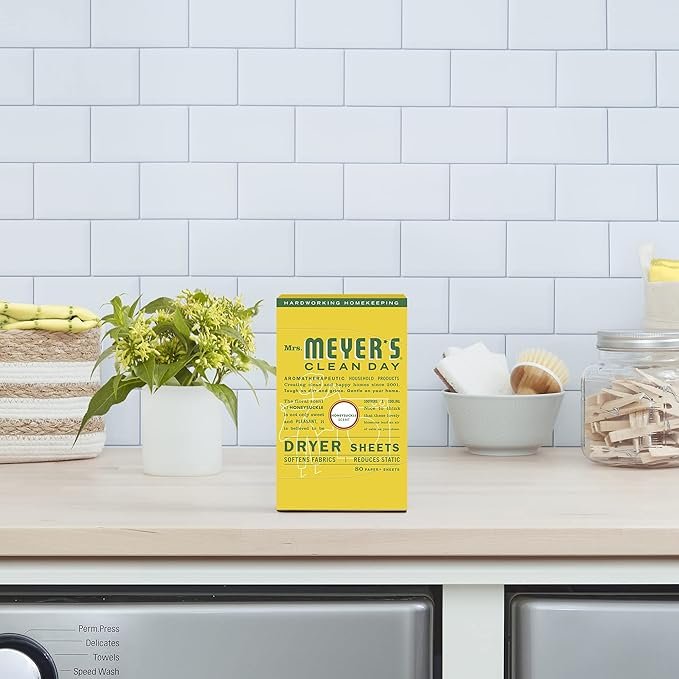 4 MRS. MEYER'S CLEAN DAY Dryer Sheets, Fabric Softener, Reduces Static, Infused with Essential Oils, Honeysuckle, 80 Count