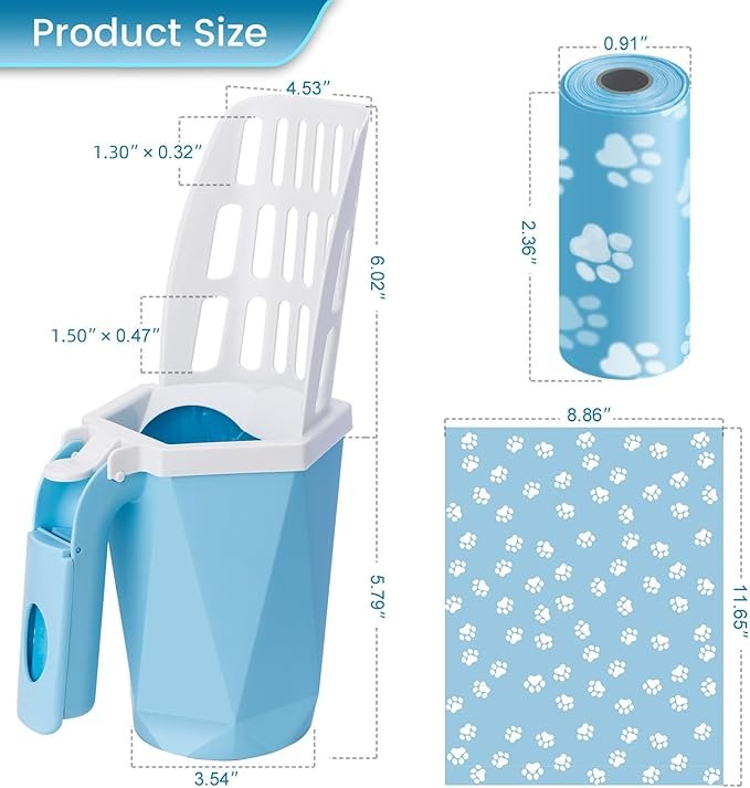 2 Cat Litter Scooper with Holder Kitty Litter Scoop with Bag, Cat Litter Shovel with 150 Refill Bags, Portable Cat Poop Scooper Cat Litter Container Easy to Clean Large Litter Box Scooper Blue