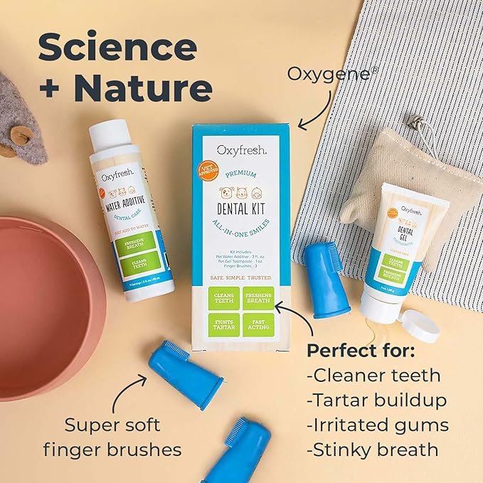 2 Oxyfresh Premium Pet Dental Kit for Dogs & Cats – Easy Solution for Pet Fresh Breath, Clean Teeth, Control Plaque & Tartar – Vet Formulated Pet Toothpaste, 4oz + Water Additive, 16oz Kit