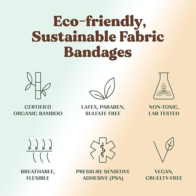 5 FEBU Eco-Friendly Large Organic Bamboo Bandages | PFAS Free Bandages for Scrapes & Cuts | Flexible Fabric Bandages | Latex Free Bandages | Fully Compostable | 20 Count Assorted Large Bandages