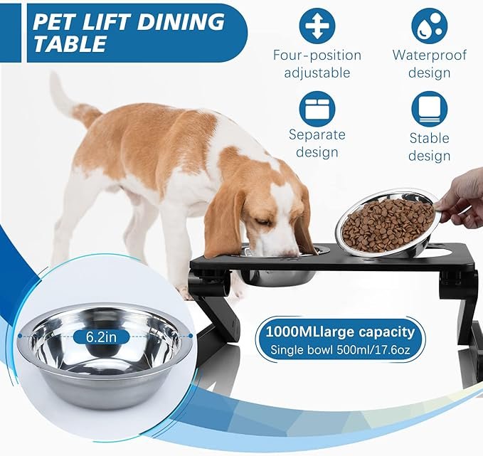 2 Pandaq Adjustable Raised Dog Bowls, 15° Tilted, 6 Heights, 500ML, for Small to Medium Dogs & Cats