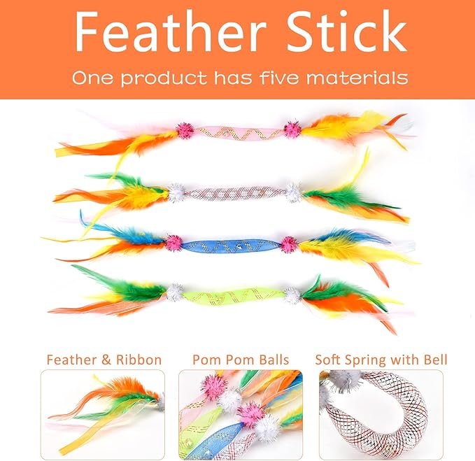 1 Cat Feather Toys with Bell 4Pack, Colorful Cat Teaser Cat Springs Ribbon Toys,Interactive Cat Toys for Indoor Cats Kitten, Suitable for Cats Bite & Hunt