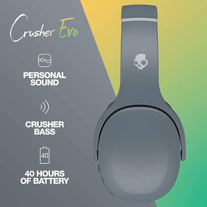 1 Skullcandy Crusher Evo Over-Ear Wireless Headphones with Sensory Bass, 40 Hr Battery, Microphone, Works with iPhone Android and Bluetooth Devices - Grey