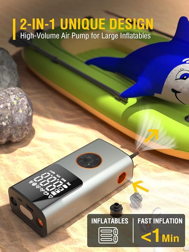 1 AZUNO 2-in-1 Electric Inflator, Portable Air Mattress Pump, Battery USB Rechargeable-150 PSI Rapid Inflate & Cordless for Tires, Air Mattresses, Beds, Pool Toys, Swim Rings, and Floats.