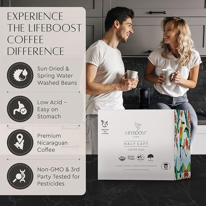 1 Lifeboost Coffee Half Caff Coffee K Cups - Low Acid Half Caff Coffee Pods - Single Origin Non-GMO Mold Free Pods for Keurig & Keurig 2 - No Mycotoxins or Pesticides - 10 Count