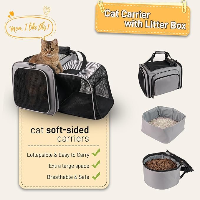 3 A.FATI Cat Carrier with Litter Box, Cat Travel Carrier with Litter Box, Expandable Cat Carrier for Car with Bowl, Soft Sided Cat Carrier for Cats/Puppies up to 20 lb