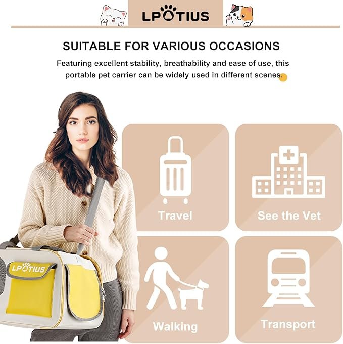 4 LPOTIUS Foldable Cat Carrier Soft-Sided Pet Carrier for Small Dogs and Large Medium Cats, Airline Approved Travel Dog Carriers with Curtain, Pocket, Safety Leash and Cushion Pad, Yellow