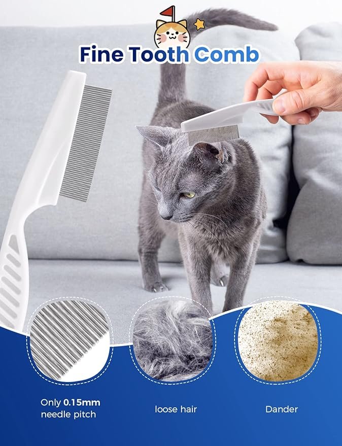 1 Cat Hair Brush with Release Button, RIFNEEIM Pet Self Cleaning Slicker Brush for Shedding and Grooming, Mats Tangled Hair Shedding Brush with Cat Flea Comb White