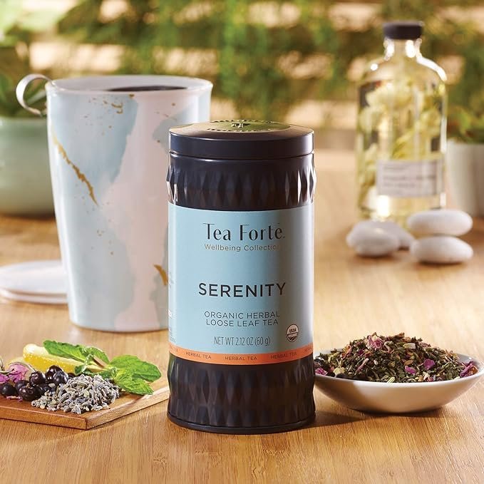 4 Tea Forte Serenity Organic Herbal Tea with Lavender, Lemony Nettle and Juniper Berry, Makes 35-50 Cups, 2.12 Ounce Loose Leaf Tea Canister