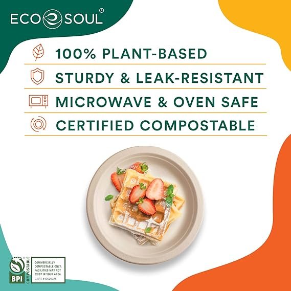 1 ECO SOUL 100% Compostable 9 Inch Paper Plates [100-Pack] Disposable Party Plates I Heavy Duty Eco-Friendly Dinner Plates Disposable I Biodegradable Unbleached Sugarcane Eco Plates