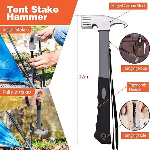 5 Tent Stake and Hammer Set, Forged Steel, Available in Rocky Place, 8pcs - LFSEMINI