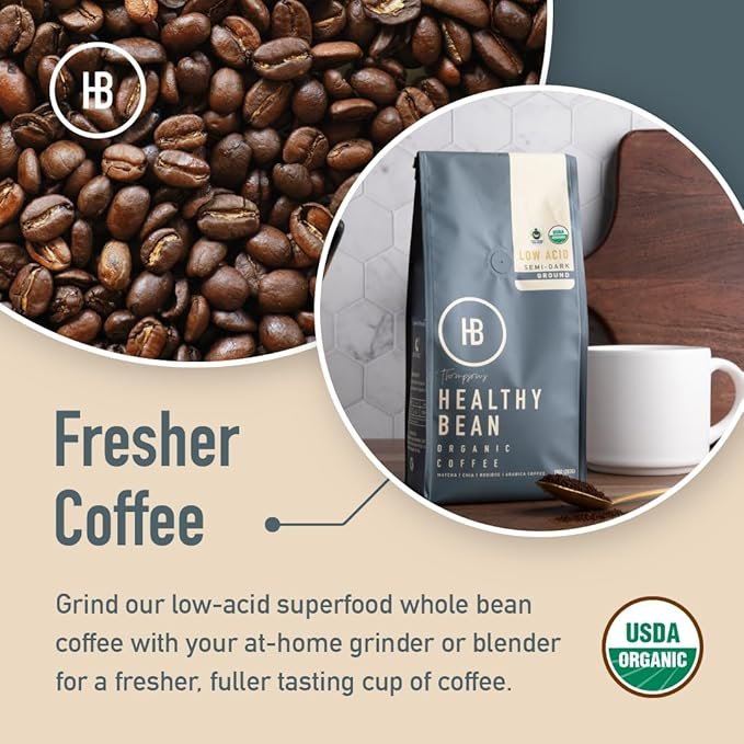 4 Healthy Bean Coffee - Organic Low Acid Coffee Beans, Superfood Infused Whole Bean Coffee, Clean & Healthy Coffee - USDA Organic Mold Free Coffee Beans, Mycotoxin Free Coffee - Semi-Dark Roast, 10oz