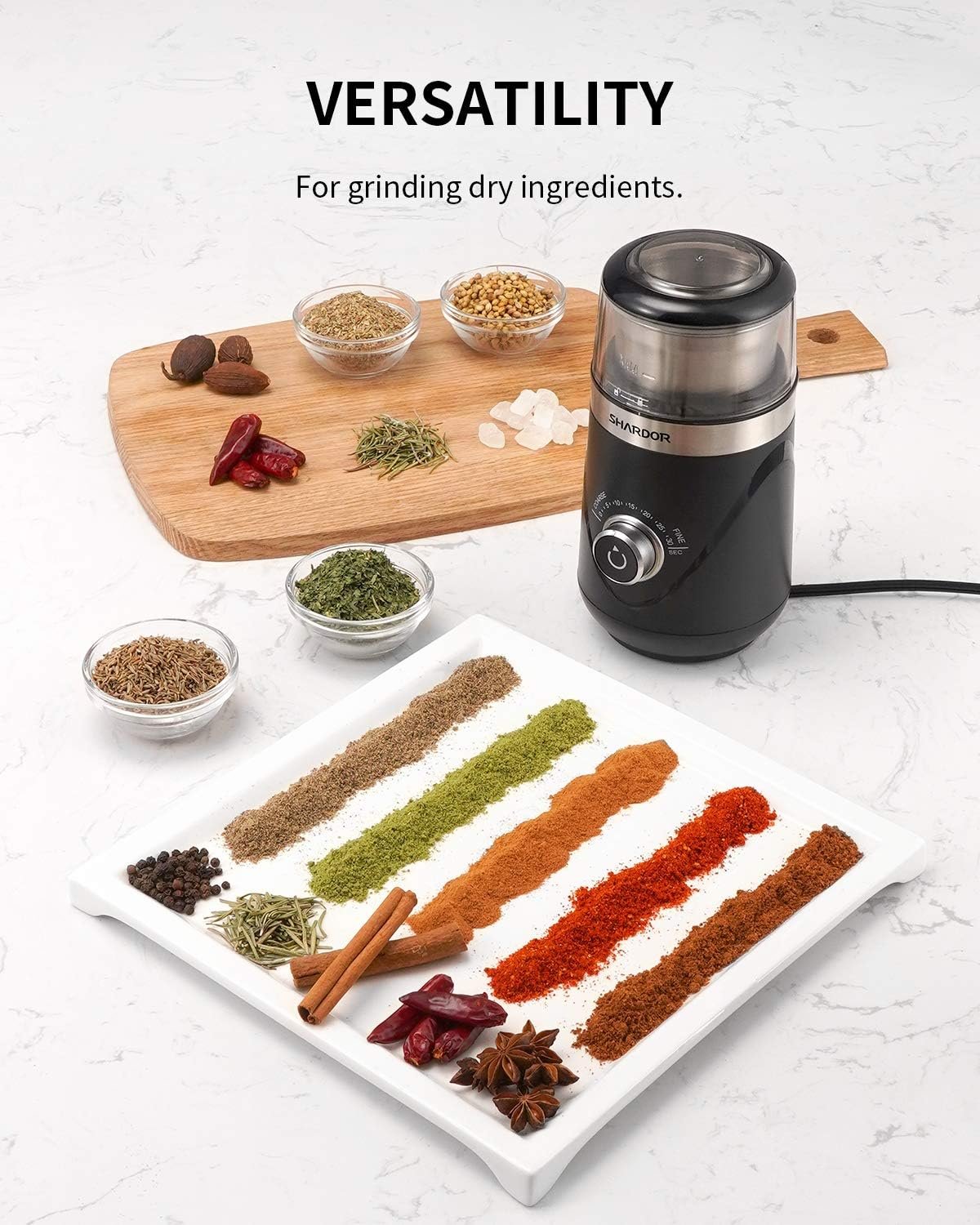 5 Electric Grinder with Adjustable Settings and Stainless Steel Bowl for Grinding Coffee, Spices, and Nuts, in Black