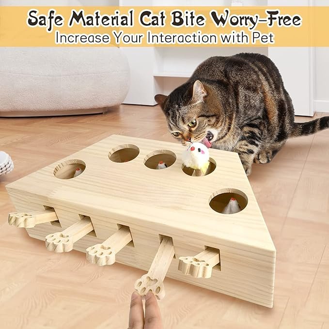 3 kathson Cat Enrichment Toys for Indoor Cats, Solid Wood Kitten Whack A Mole Interactive Box Catch Mice Game Cat Puzzle Toy for All Ages Cats Kittens Exercise Puzzle Relieve Boredom