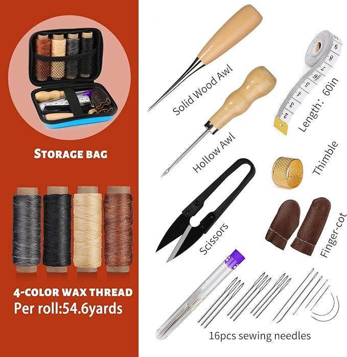 1 Leather Craft Sewing Set, Tool Kit for Leather Crafting, Complete Leather Working Set including Large-Eye Stitching Needles and Waxed Thread, Upholstery Repair Kit for Leather, DIY Leather Crafting Tools