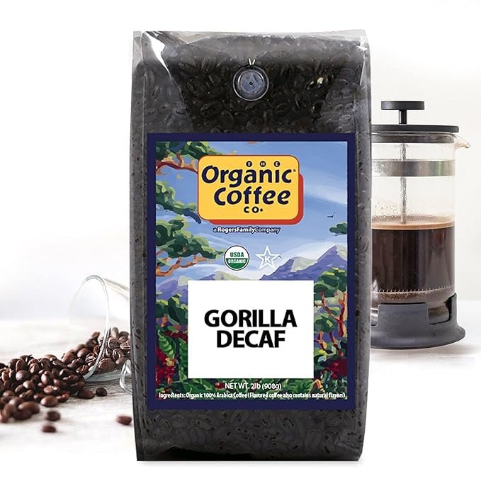 3 The Organic Coffee Co. Whole Bean Coffee - Gorilla Decaf (2lb Bag), Medium Roast, Swiss Water Processed, USDA Organic