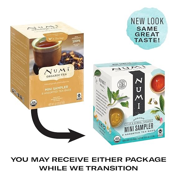 1 Numi Organic Tea Mini Sampler Variety Pack, Assorted Black Tea, Green Tea, White Tea, Herbal Tea Bags, 8 Count Box