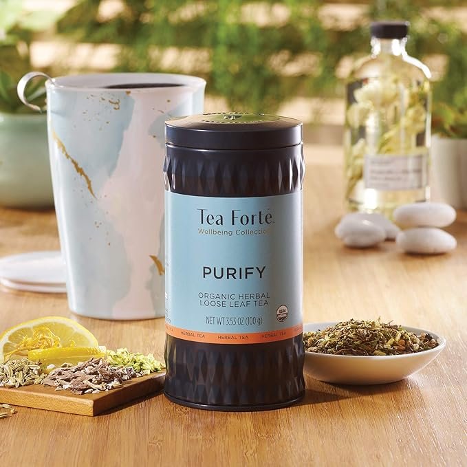 4 Tea Forte Purify Organic Herbal Tea with Purifying Mate and Dandelion Root, Makes 35-50 Cups, 3.53 Ounce Loose Leaf Tea Canister