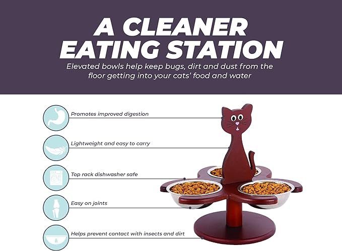 1 Etna Pet Store Elevated Cat Bowls - This Wooden, Raised Pet Feeder Promotes Better Digestion and is Easy on the Joints - Multiple Cat Feeder with 3 Removable Cat Bowls for Food and Water - Brown