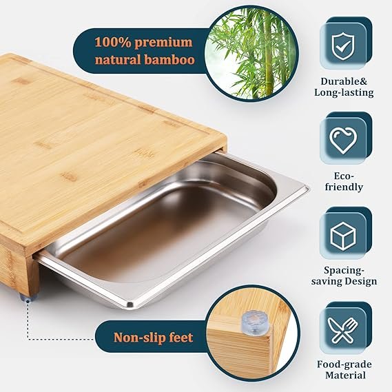 4 Bamboo Chopping Board and Storage System with Stainless Steel Trays, Convenient Kitchen Tool for Serving and Cleaning, Enhanced with Juice Groove and Anti-slip Features