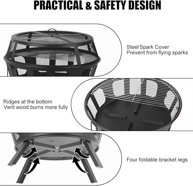 3 26 Inch Collapsible Fire Pit, Grate Outdoor Wood Burning Firepit with Spark Cover for Backyard Bonfire Patio, Fire Poker