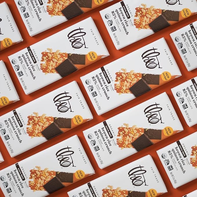 4 Theo Chocolate Brown Rice Quinoa Crunch Organic Dark Chocolate Bar, 85% Cacao, 6 Pack | Vegan, Fair Trade