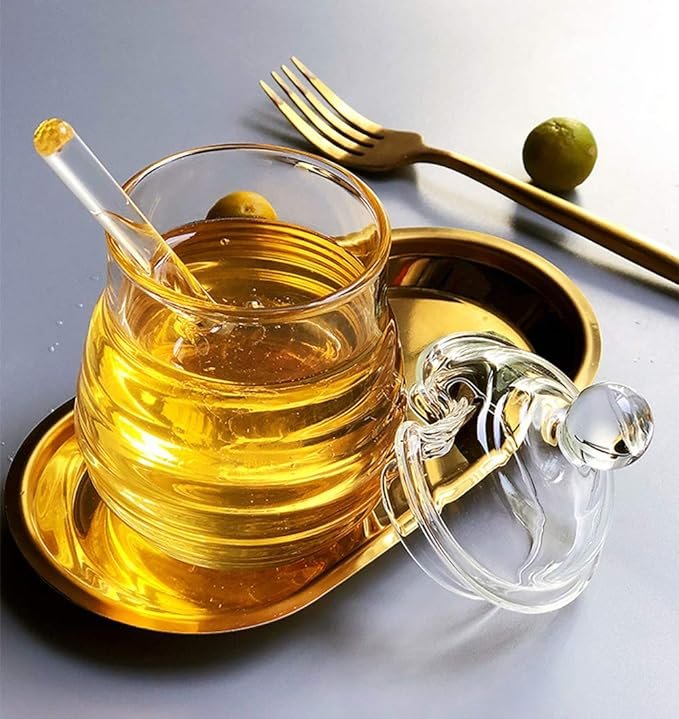 2 Lawei Glass Honey Container with Spoon and Cover - Resistant to Heat 10 oz Beehive Honey Storage for Storing Honey and Syrup