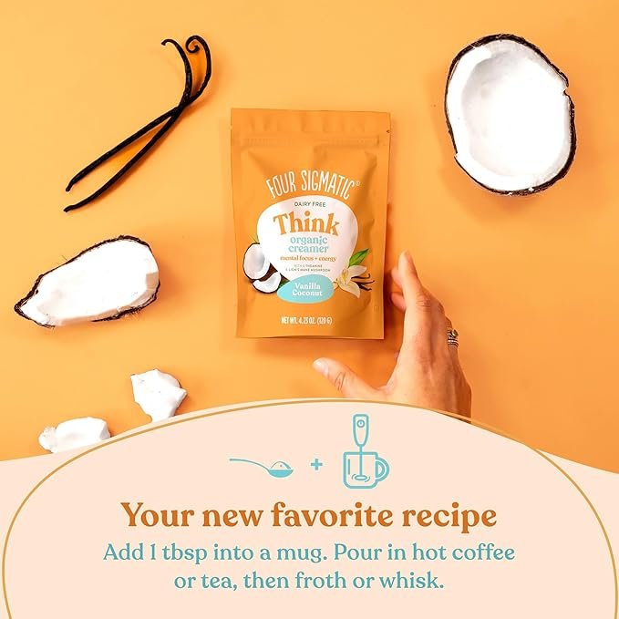 4 Think Vanilla Coconut Coffee Creamer by Four Sigmatic | Organic Coffee Creamer with Lion’s Mane and L-theanine | Powdered Coconut Creamer | Non Dairy Creamer Powder | 4.23 oz