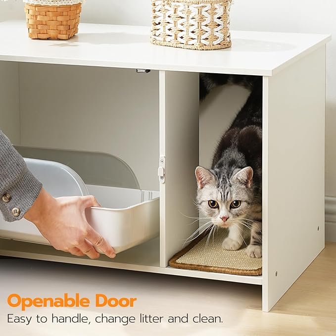3 HOOBRO Cat Litter Box Enclosure with Rattan Door, Hidden Litter Box Furniture, Large Litter Box Enclosure with Adhesive Cat Scratching Mat, Coffee Table, 31.5" L x 17.7" W x 18.1" H, White WY18MW01