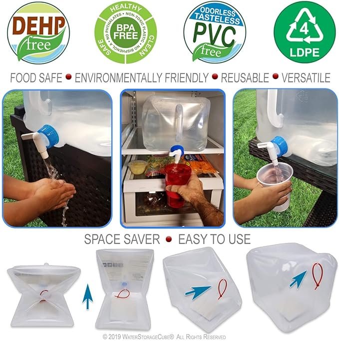 7 Collapsible BPA Free Water Container with Spigot, Portable Water Jug for Camping, Hiking, and Survival Kit, Foldable Water Canteen in Various Sizes (1.3/2.6/5.3 Gallon).