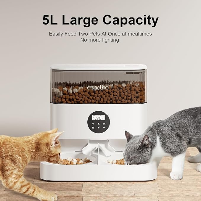 3 Espelho Automatic Cat Feeder - 5L Timed Cat Food Dispenser 2 Cats with 2 Way Splitter, 10s Meal Call Programmable Portion Control Pet Feeder with Desiccant Bag for Cats & Dogs