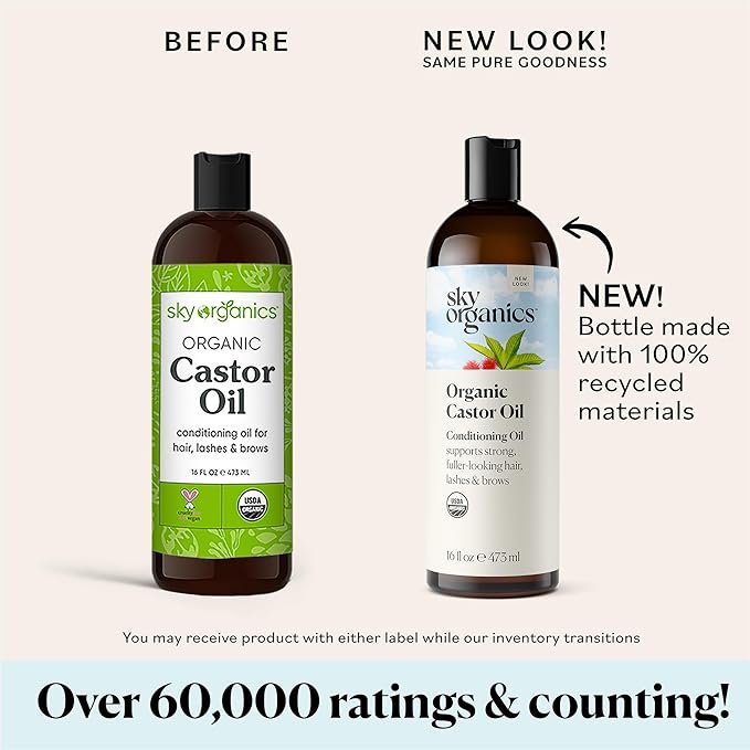 2 Sky Organics Castor Oil (2x16oz) USDA Organic Cold-Pressed Unrefined100% Pure Hexane-Free Castor Oil Conditioning & Healing For Dry Skin, Hair Growth for Eyelashes & Eyebrows with Exclusive Ebook