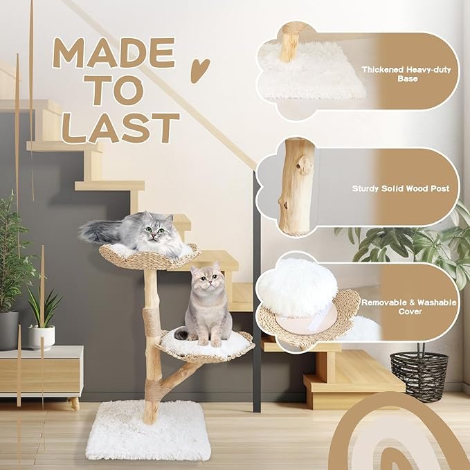 2 Wood Cat Tree Modern Cat Climbing Tower for Indoor Cats with 2 Perch, 36” Tall Multi-Level Cat Tower Furniture, Soft Plush Cat Scratch Tree for Kittens Small Cats, Gift for Cat Lover