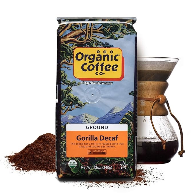 2 The Organic Coffee Co. Ground Coffee - Gorilla Decaf (12oz Bag), Medium Roast, Swiss Water Processed, USDA Organic